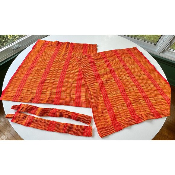 Vintage 70s curtains, red, orange, yellow sheer woven panels, tiebacks, pair - Picture 3 of 10